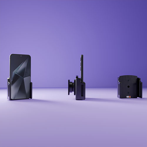 Die klassische Brodit Halterung ohne Ladefunktion mit einem eingelegten Samsung Galaxy S24.