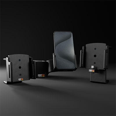 Ein Arrangement aus verschiedenen Brodit Halterungen mit einem Samsung Galaxy S24.