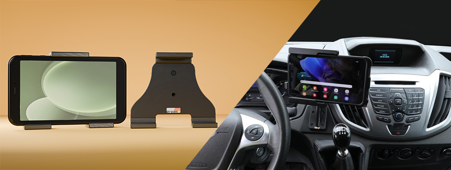 Bild einer Brodit Tablethalterung auf der linken Seite, ein Einbaubeispiel in einem Sprinter auf der anderen Seite.