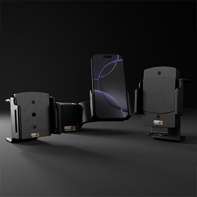 Drei unterschiedliche Brodit Handyhalterungen mit einem eingelegten iPhone 15.