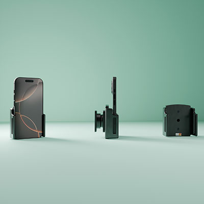 Die klassische Brodit Halterung ohne Ladefunktion mit eingelegtem iPhone 16.