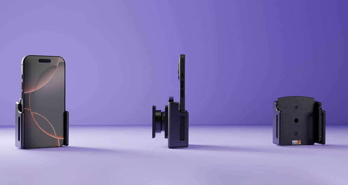 Die klassische Brodit Halterung ohne Ladefunktion mit eingelegtem iPhone 16.