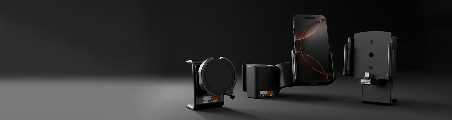 Ein Arrangement aus verschiedenen Brodit Halterungen mit einem iPhone 16.