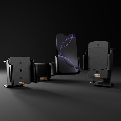 Ein Arrangement aus verschiedenen Brodit Halterungen mit einem iPhone 16.