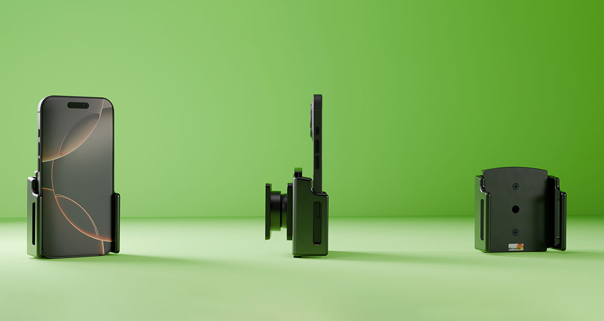 Die klassische Brodit Halterung ohne Ladefunktion mit eingelegtem iPhone 16.