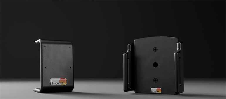 Brodit ProClip und passender Gerätehalter nebeneinander – zweiteiliges Halterungssystem für die sichere Befestigung von Smartphones und Navigationsgeräten im Auto