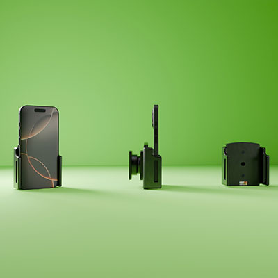 Die klassische Brodit Halterung ohne Ladefunktion mit eingelegtem iPhone 16.